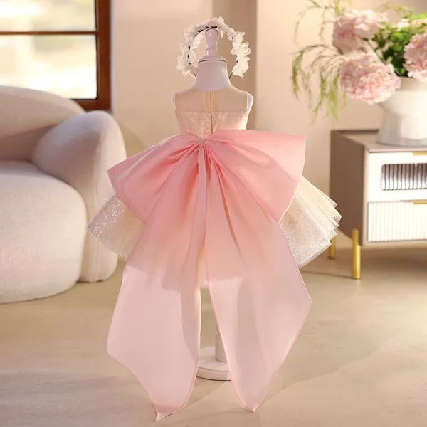 Bling Bling Champagne Appliques Pearl Sequins Birthday Flower Girl Dresses 2025 Ball Gown Scoop Neck Bow Sleeveless Short