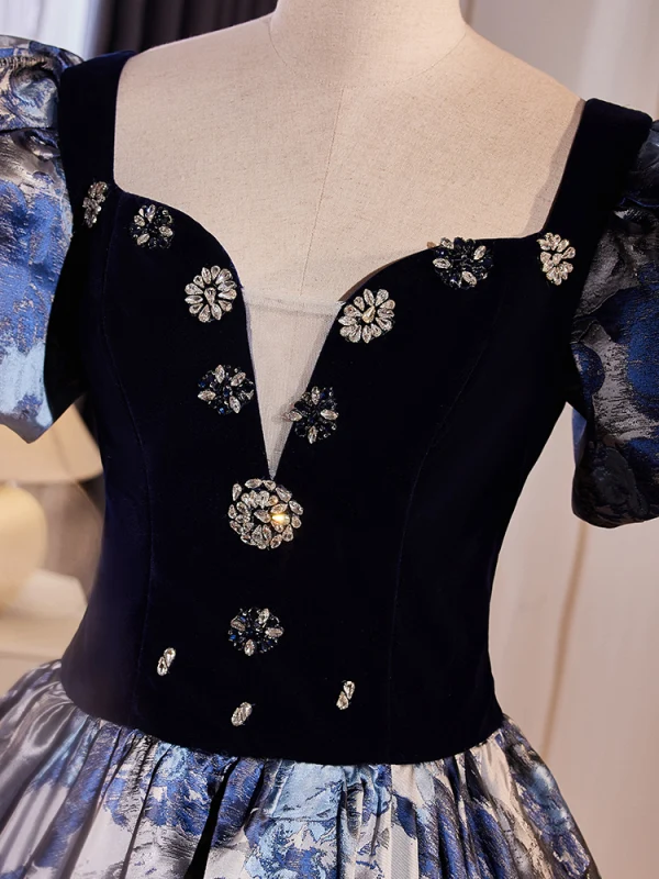 Vintage / Retro Navy Blue Printing Prom Dresses 2024 Ball Gown Square Neckline Puffy Short Sleeve Backless Floor-Length / Long Prom Formal Dresses