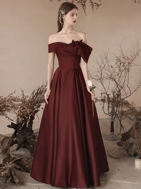 Vintage Burgunderrot Satin Ballkleider 2024 A Linie Ärmellos Off Shoulder Rückenfreies Lange Ball Festliche Kleider
