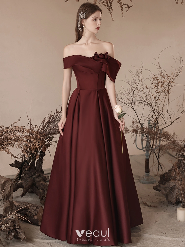 Vintage Originale Bordeaux Satin Robe De Bal 2024 Princesse Sans Manches De l epaule Dos Nu