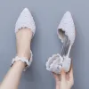 Modest / Simple White Pearl Lace Flower Flat Wedding Shoes 2024 Pointed Toe Wedding Heels