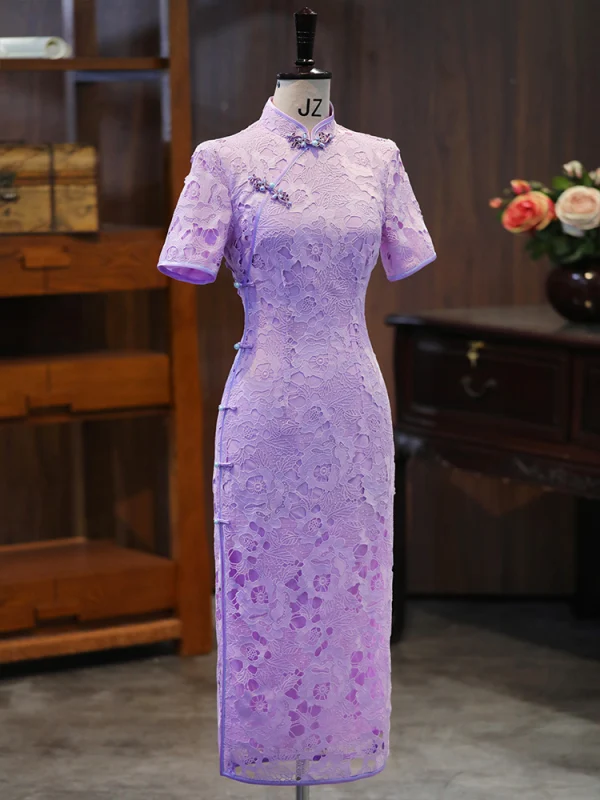 Vintage / Retro Chinese style Lavender Pearl Lace Flower Street Wear Tea-length Cheongsam 2024 Trumpet / Mermaid High Neck Short Sleeve