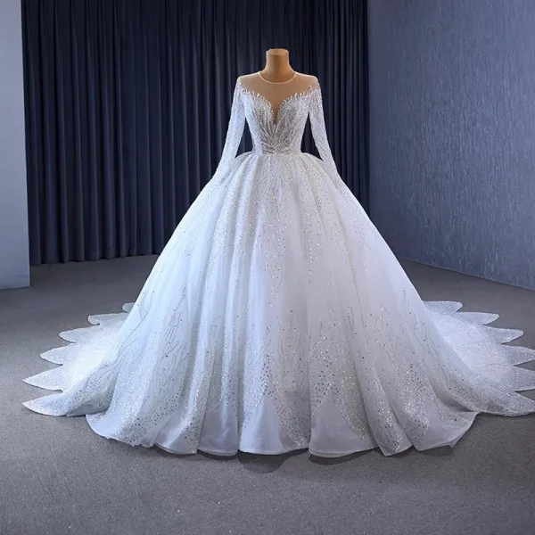 Luxury / Gorgeous White Handmade Beading Rhinestone Wedding Dresses 2023 Ball Gown Scoop Neck Long Sleeve Backless Royal Train Wedding