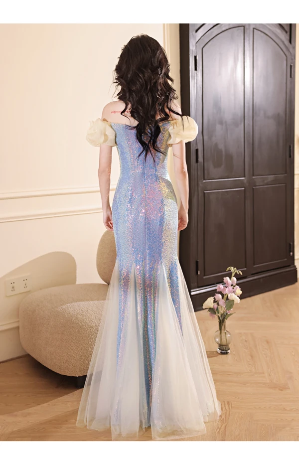 Charmant Bleu Ciel Paillettes En Dentelle Fleur Robe De Soirée 2024 Trompette / Sirène De l'épaule Manches Courtes Dos Nu Longue Soirée Robe De Ceremonie