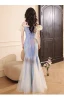 Charmant Bleu Ciel Paillettes En Dentelle Fleur Robe De Soirée 2024 Trompette / Sirène De l'épaule Manches Courtes Dos Nu Longue Soirée Robe De Ceremonie