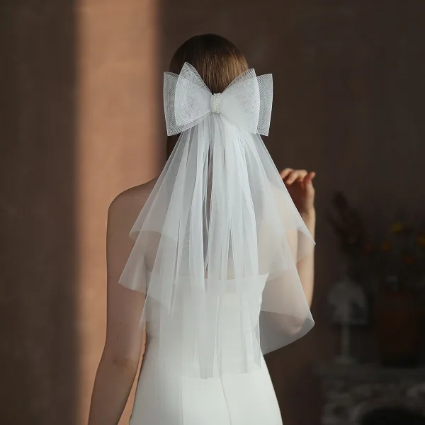 Modest / Simple White Bow 1 m Wedding Veils 2025 Tulle