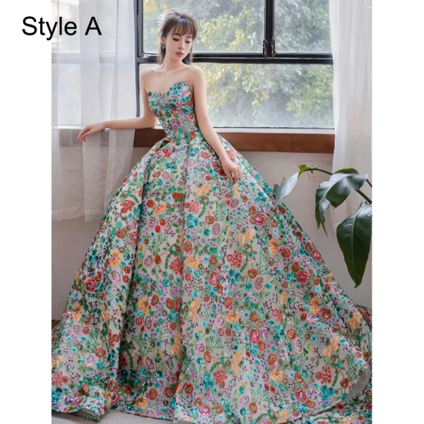 Fancy Green Embroidered Floral Prom Dresses 2023 Ball Gown Strapless Sleeveless Backless Floor-Length / Long Prom Formal Dresses