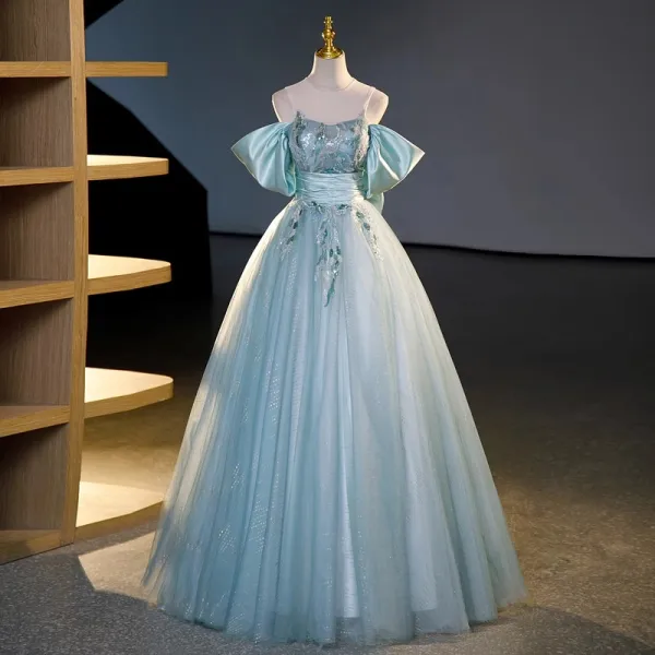 Elegant Sky Blue Beading Sequins Prom Dresses 2023 Ball Gown Scoop Neck Short Sleeve Backless Bow Floor-Length / Long Prom Formal Dresses