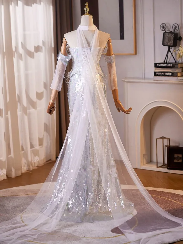 Scintillantes Sexy Argenté Perle Paillettes Robe De Soirée 2026 Trompette / Sirène Bustier Manches Courtes Dos Nu Longue Robe De Ceremonie