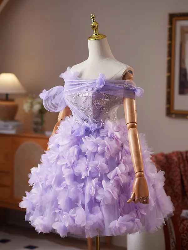 Charmant Lavendel Pailletten Applikationen Kurze Partykleider 2025 Ballkleid Off Shoulder Kurze Ärmel Rückenfreies Festliche Kleider
