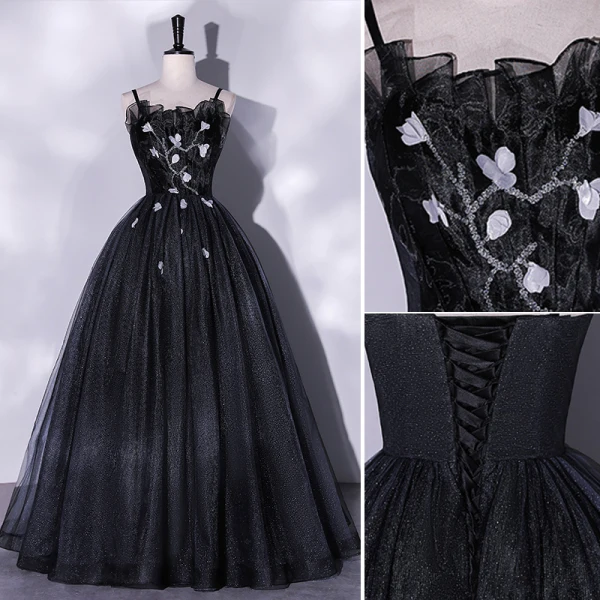 Modest / Simple Black Appliques Sequins Prom Dresses 2022 A-Line / Princess Spaghetti Straps Sleeveless Backless Floor-Length / Long Prom Formal Dresses