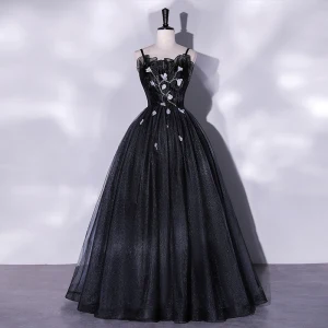 Simple Noire Appliques Paillettes Robe De Bal 2022 Princesse Bretelles Spaghetti Sans Manches Dos Nu Longue Promo Robe De Ceremonie