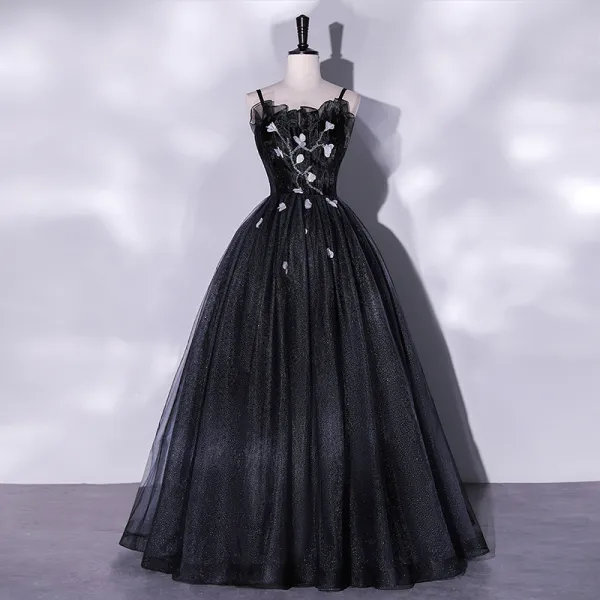 Spaghetti Straps Sleeveless Black Long A-Line Prom Dress with Appliques Spaghetti Straps Sleeveless Black Long A-Line Prom Dress with Appliques