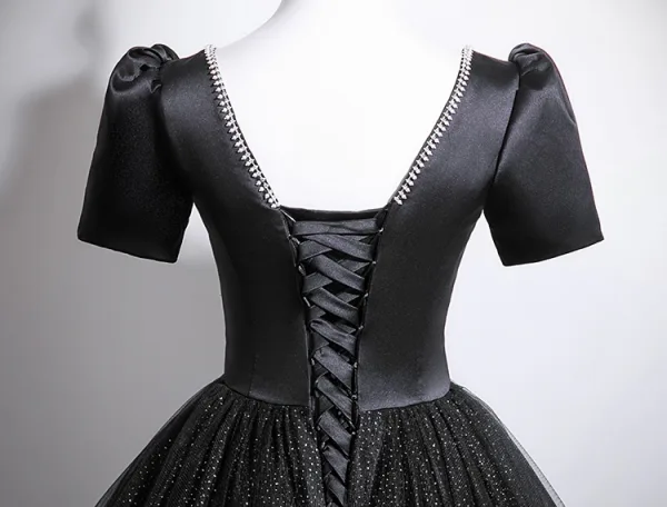 Vintage / Retro Black Glitter Prom Dresses 2025 Ball Gown Square Neckline Bow Short Sleeve Backless Floor-Length / Long Formal Dresses