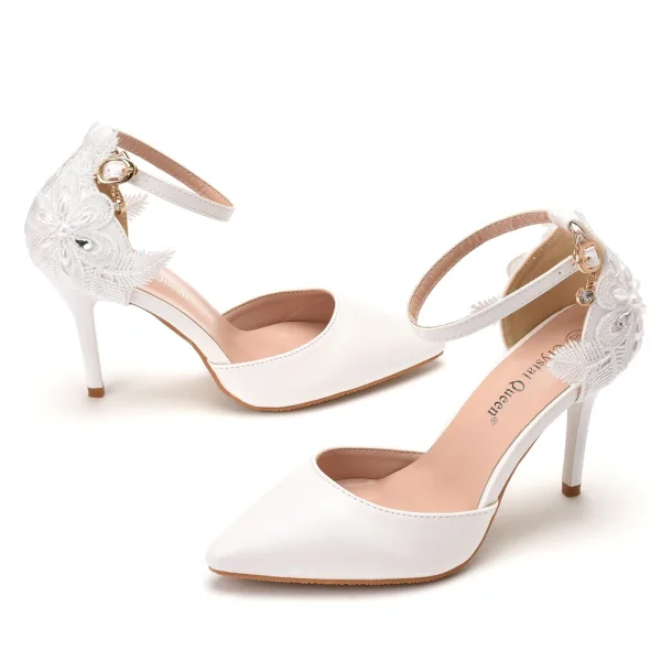 Élégant Blanche Faux Diamant En Dentelle Fleur Chaussure De Mariée 2023 Bride Cheville 9 cm Talons Aiguilles À Bout Pointu Mariage Sandales Talons Hauts