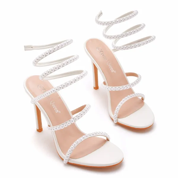 Sexy White Pearl Ankle Strap Summer Evening Party Womens Sandals 2023 10 cm Stiletto Heels Open / Peep Toe Sandals High Heels