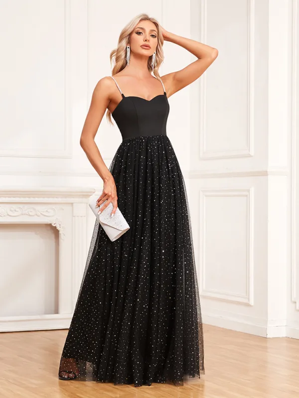 Charmant Noire Paillettes Robe De Soirée 2024 Princesse Bretelles Spaghetti Sans Manches Dos Nu Longue Soirée Robe De Ceremonie