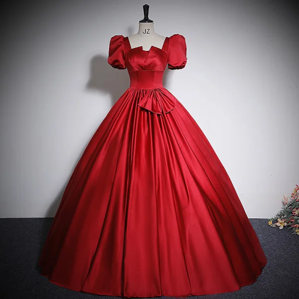 Elegant Black Satin Prom Dresses 2023 Ball Gown Square Neckline Puffy Short Sleeve Bow Backless Floor-Length / Long Prom Formal Dresses