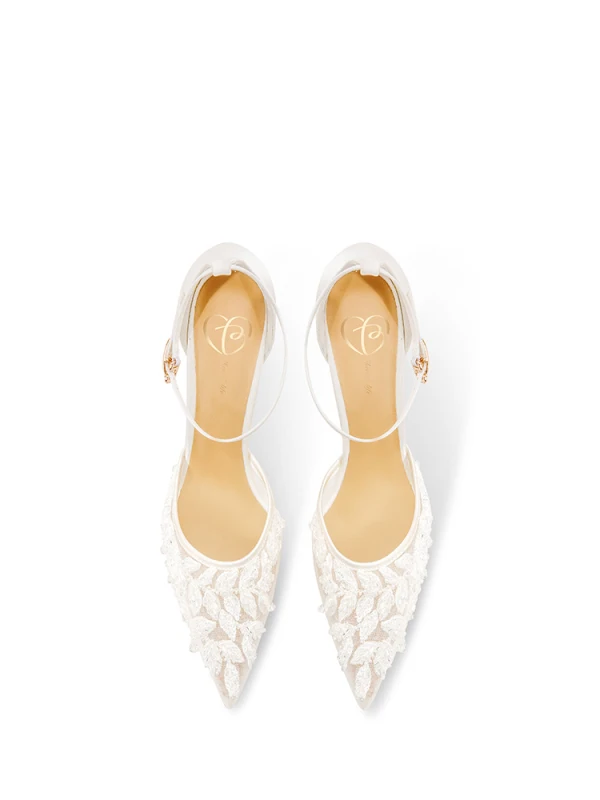 Fashion White Beading Tulle Wedding Shoes 2024 Ankle Strap 8 cm Stiletto Heels Pointed Toe Wedding Sandals High Heels