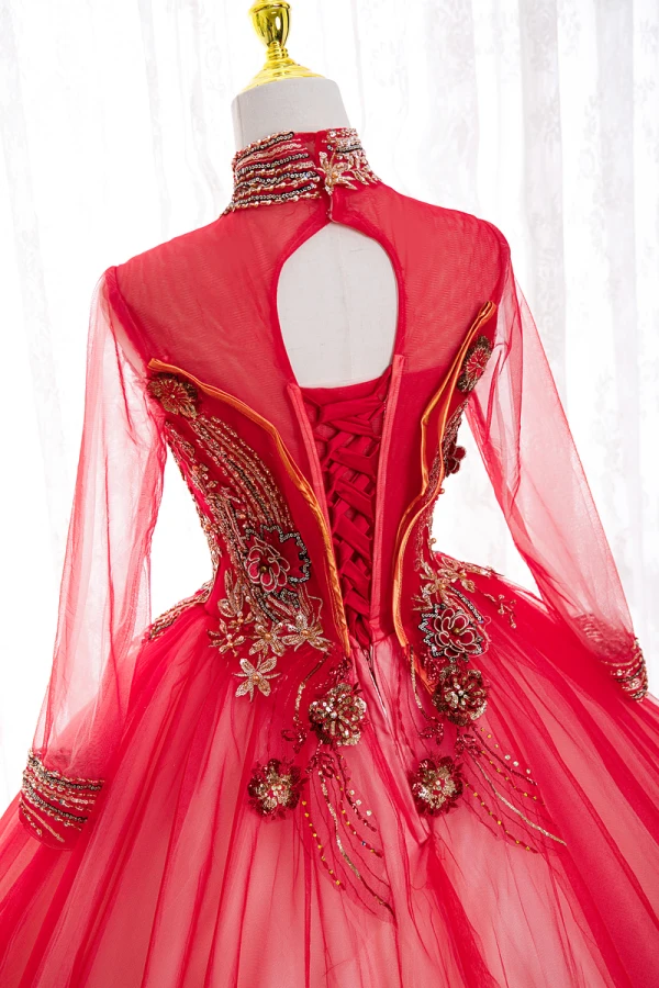 Élégant Rouge Perle Paillettes En Dentelle Fleur Robe De Bal 2022 Robe Boule Col Haut Manches Longues Dos Nu Longue Promo Robe De Ceremonie