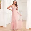 Chic / Beautiful Blushing Pink Prom Dresses 2024 A-Line / Princess V-Neck Sleeveless Backless Floor-Length / Long Prom Formal Dresses