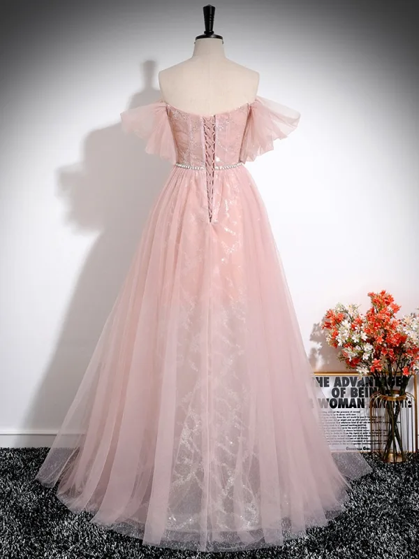 Schöne Rosa Perlenstickerei Applikationen Gespaltete Front Ballkleider 2024 Ballkleid Off Shoulder Kurze Ärmel Rückenfreies Lange Ball Festliche Kleider