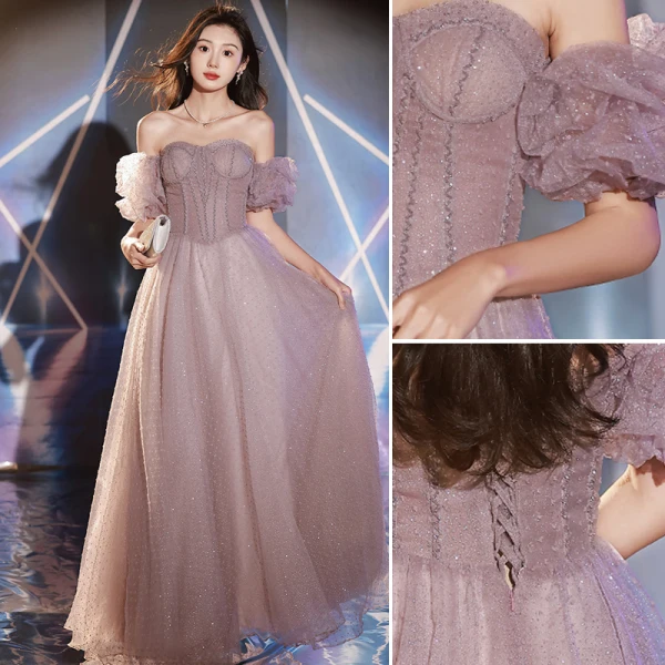 Charming Purple Beading Sequins Evening Dresses 2023 A-Line / Princess Off-The-Shoulder Short Sleeve Backless Floor-Length / Long Evening Party Formal Dresses
