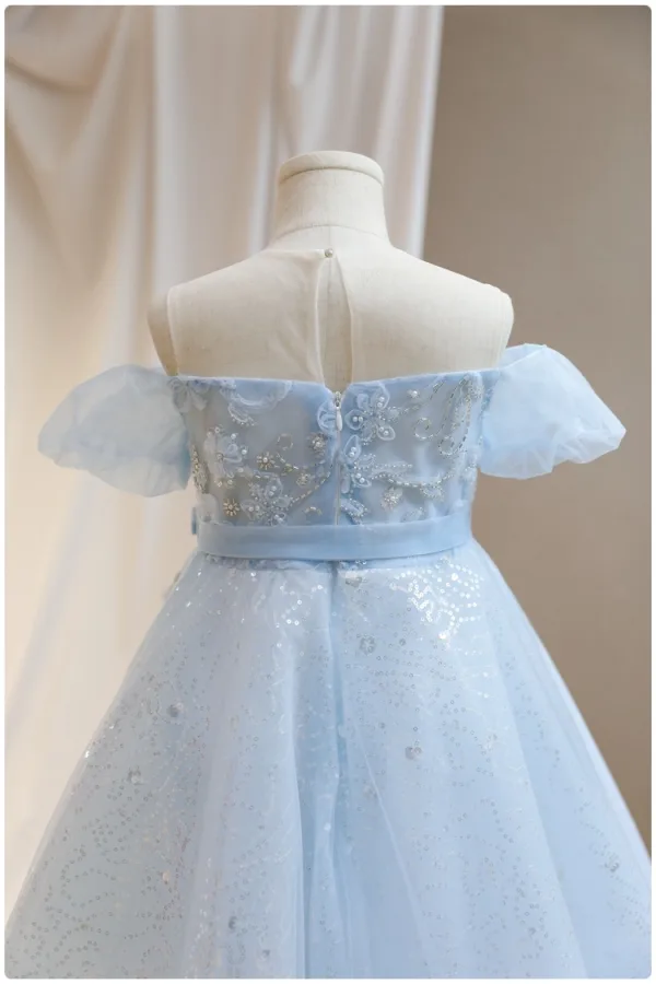 Chic / Beautiful Sky Blue Appliques Beading Pearl Sequins Birthday Flower Girl Dresses 2024 A-Line / Princess Scoop Neck Short Sleeve Tulle Floor-Length / Long