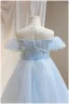 Chic / Beautiful Sky Blue Appliques Beading Pearl Sequins Birthday Flower Girl Dresses 2024 A-Line / Princess Scoop Neck Short Sleeve Tulle Floor-Length / Long