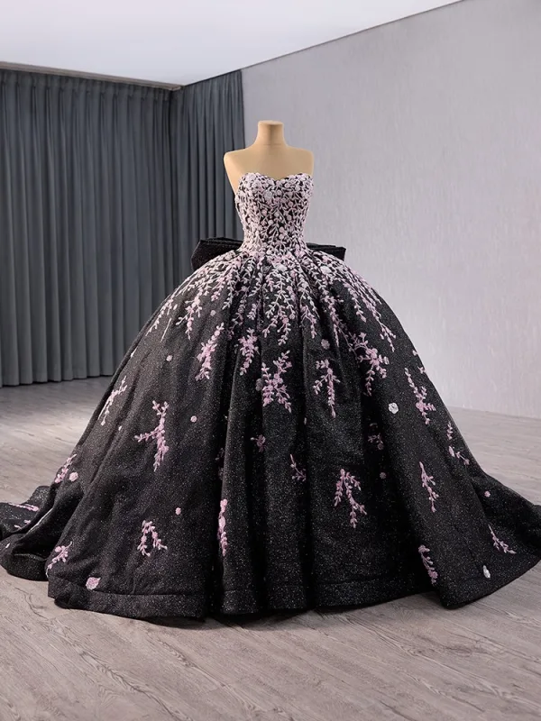 Vintage / Retro High-end Black Handmade  Beading Prom Dresses 2024 Ball Gown Off-The-Shoulder Short Sleeve Backless Bow Court Train Prom Formal Dresses