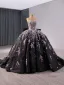 Vintage / Retro High-end Black Handmade  Beading Prom Dresses 2024 Ball Gown Off-The-Shoulder Short Sleeve Backless Bow Court Train Prom Formal Dresses
