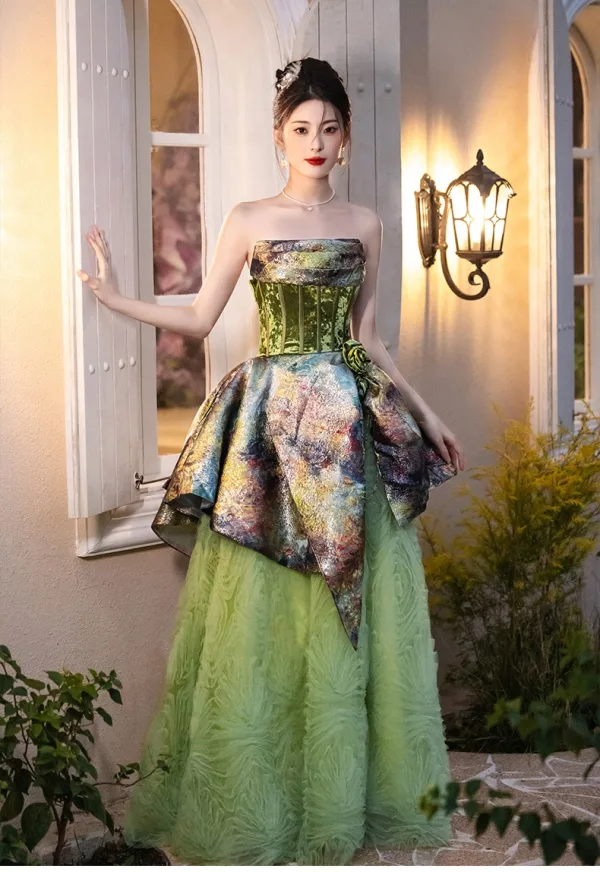 Chic / Beautiful Sage Green Printing Prom Dresses 2025 A-Line / Princess Strapless Sleeveless Backless Floor-Length / Long Prom Formal Dresses Chic / Beautiful Sage Green Printing Prom Dresses 2025 A-Line / Princess Strapless Sleeveless Backless Floor-Length / Long Prom Formal Dresses