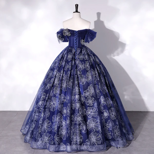 Vintage / Retro Navy Blue Prom Dresses 2022 Ball Gown Off-The-Shoulder Short Sleeve Backless Rhinestone Floor-Length / Long Prom Formal Dresses