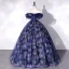 Vintage / Retro Navy Blue Prom Dresses 2022 Ball Gown Off-The-Shoulder Short Sleeve Backless Rhinestone Floor-Length / Long Prom Formal Dresses