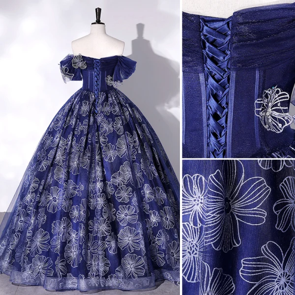Vintage / Retro Navy Blue Prom Dresses 2022 Ball Gown Off-The-Shoulder Short Sleeve Backless Rhinestone Floor-Length / Long Prom Formal Dresses