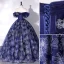Vintage / Retro Navy Blue Prom Dresses 2022 Ball Gown Off-The-Shoulder Short Sleeve Backless Rhinestone Floor-Length / Long Prom Formal Dresses