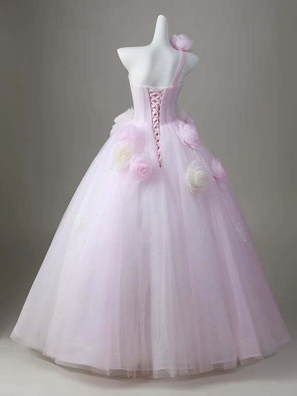 Chic / Beautiful Blushing Pink Appliques Prom Dresses 2026 Ball Gown One-Shoulder Sleeveless Backless Floor-Length / Long Prom Formal Dresses