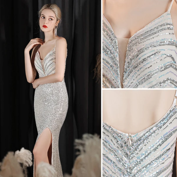 Sexy Glitzernden Silber Pailletten Abendkleider 2022 Spaghettiträger Meerjungfrau Ärmellos Rückenfreies Lange Abend Festliche Kleider