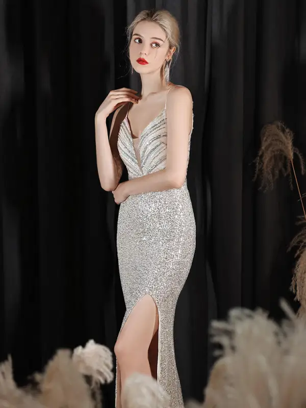 Sexy Glitzernden Silber Pailletten Abendkleider 2022 Spaghettiträger Meerjungfrau Ärmellos Rückenfreies Lange Abend Festliche Kleider