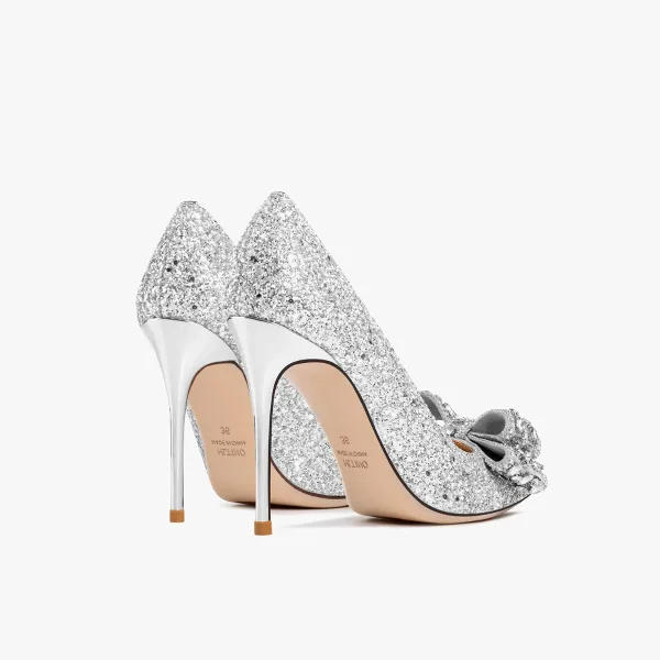Charmig Silver Rhinestone Paljetter Rosett Brudskor 2023 Läder 10 cm Stilettklackar Spetsiga Bröllop Pumps Högklackade