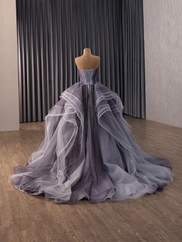 Sparkly High-end Purple Cascading Ruffles Star Sequins Prom Dresses 2026 Ball Gown Strapless Sleeveless Backless Chapel Train Formal Dresses