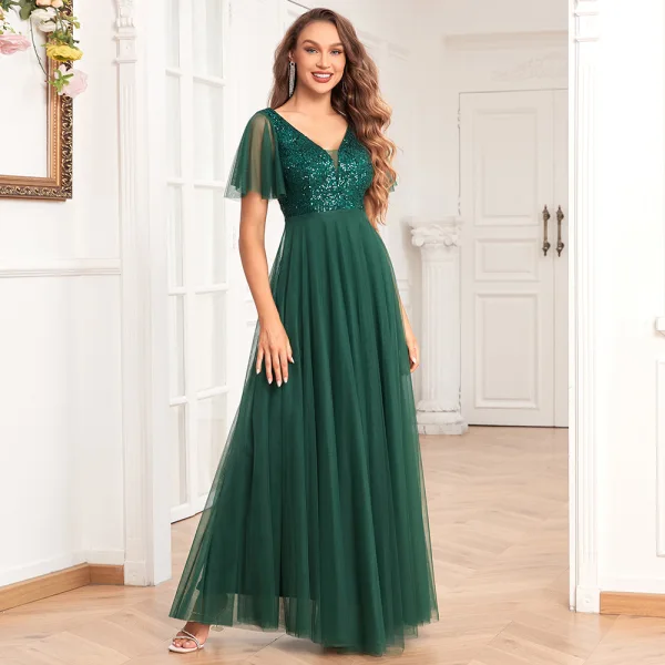 Simple Vert Foncé Paillettes Robe De Bal 2024 Princesse V-Cou Manches Courtes Dos Nu Longue Promo Robe De Ceremonie