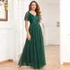 Modest / Simple Dark Green Sequins Prom Dresses 2024 A-Line / Princess V-Neck Short Sleeve Backless Floor-Length / Long Prom Formal Dresses