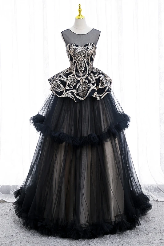 Elegant Black Sequins Lace Flower Prom Dresses 2022 Ball Gown Scoop Neck Sleeveless Backless Floor-Length / Long Prom Formal Dresses
