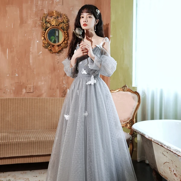Modest / Simple Grey Lace Butterfly Bridesmaid Dresses 2022 A-Line / Princess Short Sleeve Backless Floor-Length / Long Bridesmaid Dresses