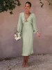 Sexy Dark Green Holiday Beach Satin Women Dresses 2023 Deep V-Neck Long Sleeve Backless Lace Up Tea-length Womens Clothing