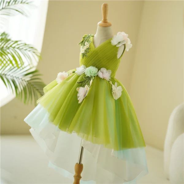 Flower Fairy Sage Green Lace Flower Appliques Asymmetrical Flower Girl Dresses 2024 Birthday Ball Gown V-Neck Sleeveless Tulle