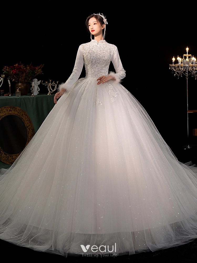 Elegant Scoop Long Sleevess Appliques Ball Gown Wedding Dresses – Ballbella