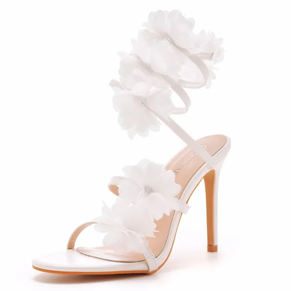 Sexy Charmant Weiß Applikationen Knöchelriemen Brautschuhe 2023 10 cm Stilettos Peeptoes Hochzeit Sandaletten Hochhackige