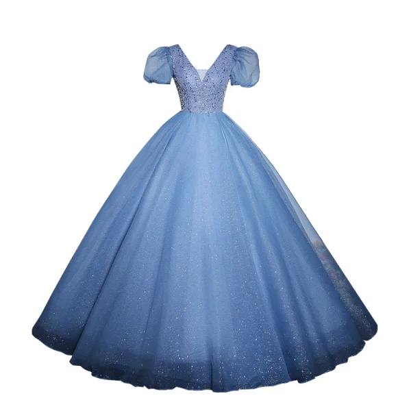 Elegant Sky Blue Beading Sequins Prom Dresses 2023 Ball Gown V-Neck Short Sleeve Backless Floor-Length / Long Prom Formal Dresses